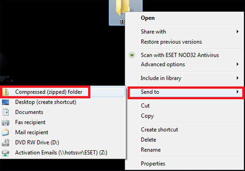 Windows Desktop Properties, Send To Compressed Folder